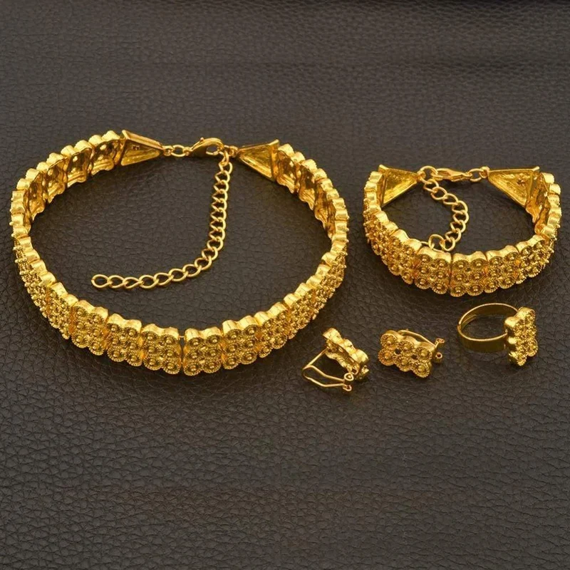 Hochzeitsgeschenke Ethiopian Chokers Halskette Armband Ohrring Gold Farbe Schmuck-Set #J0771