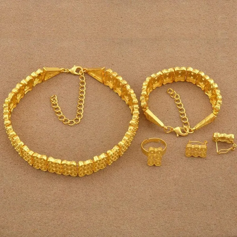 Hochzeitsgeschenke Ethiopian Chokers Halskette Armband Ohrring Gold Farbe Schmuck-Set #J0771