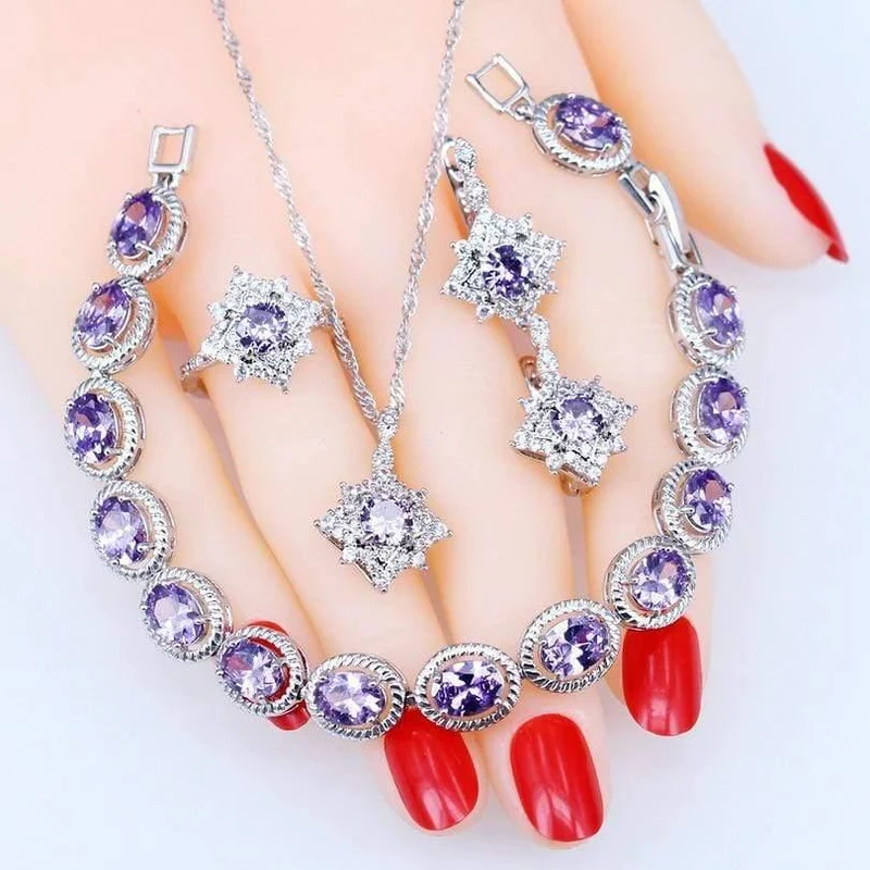 925 Silber Schmuck Sets Damen Hochzeit Schmuck Ohrringe Ring Armband Kostüm Halskette Set Geschenkbox