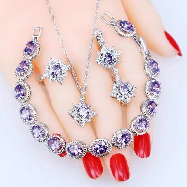925 Silber Schmuck Sets Damen Hochzeit Schmuck Ohrringe Ring Armband Kostüm Halskette Set Geschenkbox