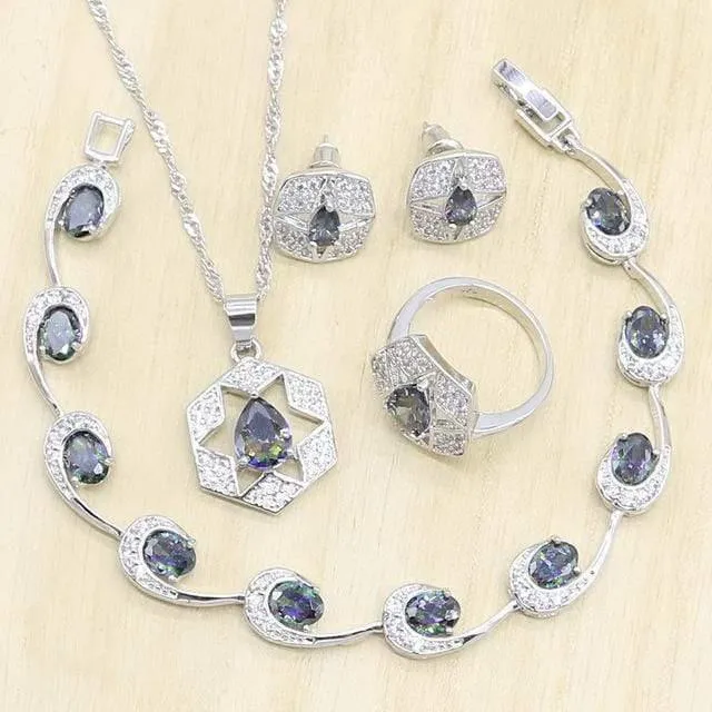 925 Silber Hochzeit Schmuck Sets für Frauen Mehrfarbige Zirkon Ohrringe Anhänger Halskette Ring Armband Weihnachtsgeschenk