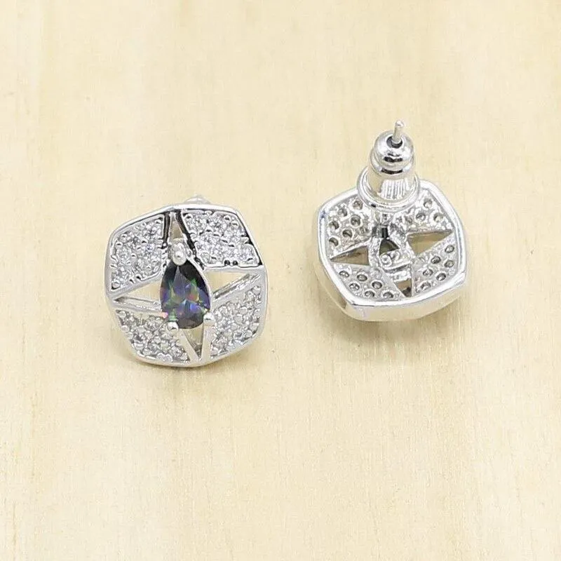 925 Silber Hochzeit Schmuck Sets für Frauen Mehrfarbige Zirkon Ohrringe Anhänger Halskette Ring Armband Weihnachtsgeschenk