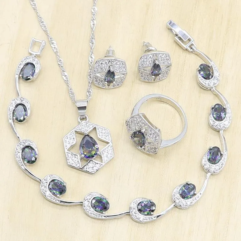 925 Silber Hochzeit Schmuck Sets für Frauen Mehrfarbige Zirkon Ohrringe Anhänger Halskette Ring Armband Weihnachtsgeschenk