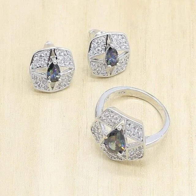 925 Silber Hochzeit Schmuck Sets für Frauen Mehrfarbige Zirkon Ohrringe Anhänger Halskette Ring Armband Weihnachtsgeschenk