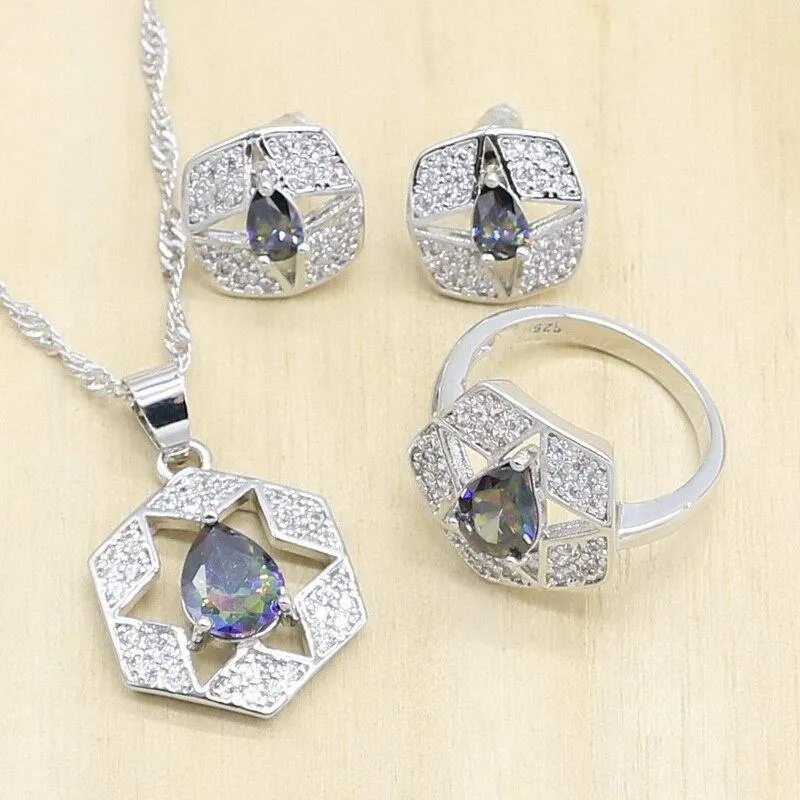 925 Silber Hochzeit Schmuck Sets für Frauen Mehrfarbige Zirkon Ohrringe Anhänger Halskette Ring Armband Weihnachtsgeschenk