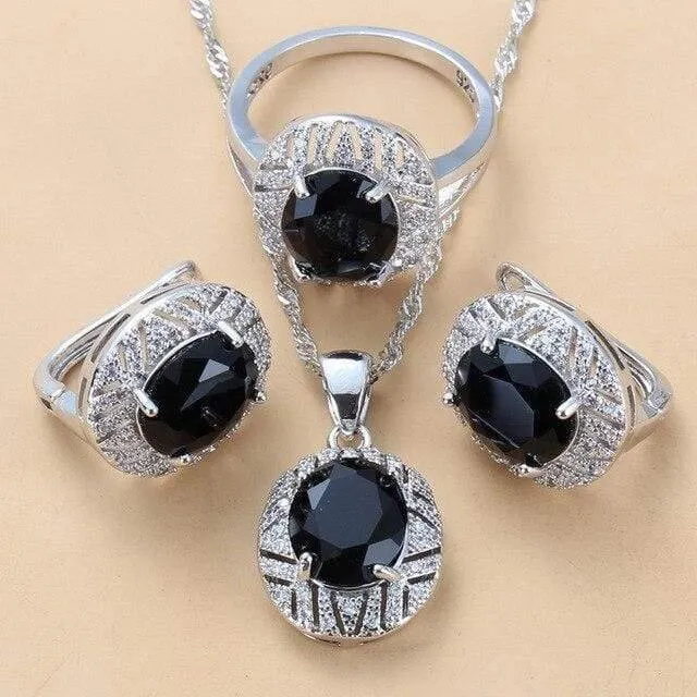 Hochzeitskostüm 925 Sterling Silber 6-farbige große Schmucksets mit Naturstein CZ Grün Accessoires Clip-Ohrhänger und Ringsets