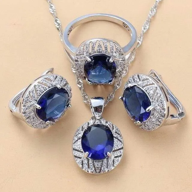 Hochzeitskostüm 925 Sterling Silber 6-farbige große Schmucksets mit Naturstein CZ Grün Accessoires Clip-Ohrhänger und Ringsets