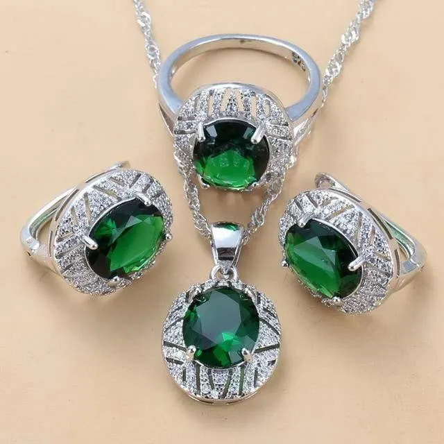Hochzeitskostüm 925 Sterling Silber 6-farbige große Schmucksets mit Naturstein CZ Grün Accessoires Clip-Ohrhänger und Ringsets