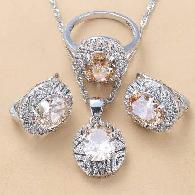 Hochzeitskostüm 925 Sterling Silber 6-farbige große Schmucksets mit Naturstein CZ Grün Accessoires Clip-Ohrhänger und Ringsets