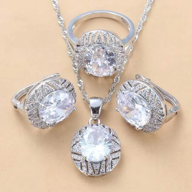 Hochzeitskostüm 925 Sterling Silber 6-farbige große Schmucksets mit Naturstein CZ Grün Accessoires Clip-Ohrhänger und Ringsets