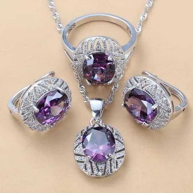 Hochzeitskostüm 925 Sterling Silber 6-farbige große Schmucksets mit Naturstein CZ Grün Accessoires Clip-Ohrhänger und Ringsets