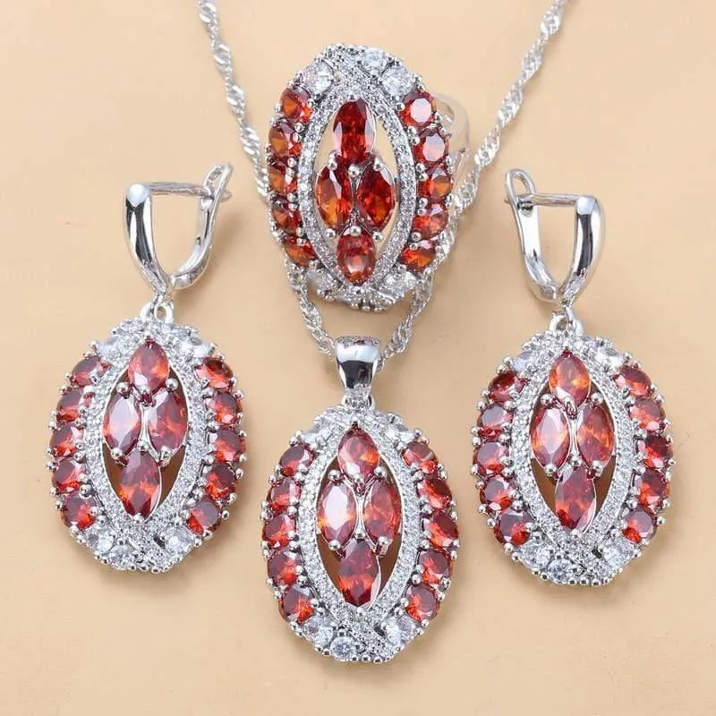 Braut Luxuriöse Hochzeit Zubehör 925 Sterling Silber Natürlichen Roten Granat Große Schmuck Sets Für Frauen 6-Farben 4PCS Sets