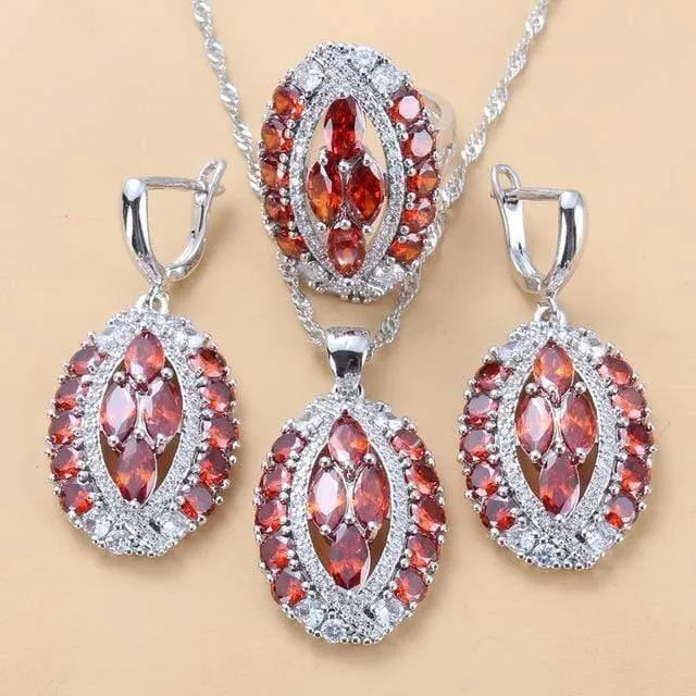 Braut Luxuriöse Hochzeit Zubehör 925 Sterling Silber Natürlichen Roten Granat Große Schmuck Sets Für Frauen 6-Farben 4PCS Sets