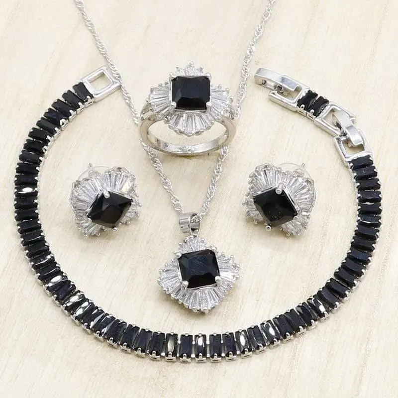 Schwarzes Zirkonia-Silber-Schmuckset für Damen, Armband, Halskette, Anhänger, Ohrringe, Ring, Geburtstag, Hochzeit, Schmuck