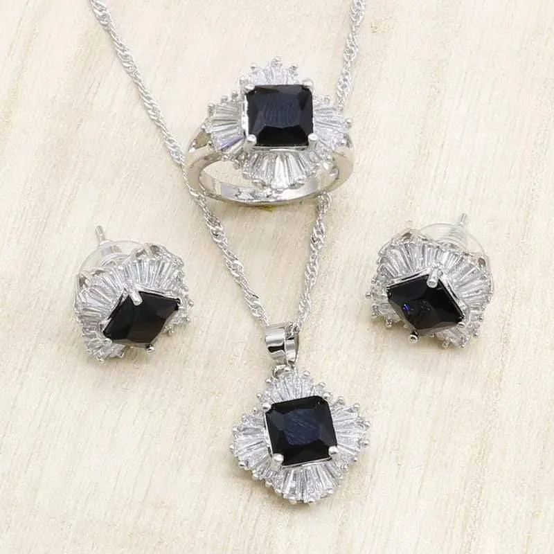 Schwarzes Zirkonia-Silber-Schmuckset für Damen, Armband, Halskette, Anhänger, Ohrringe, Ring, Geburtstag, Hochzeit, Schmuck