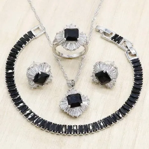 Schwarzes Zirkonia-Silber-Schmuckset für Damen, Armband, Halskette, Anhänger, Ohrringe, Ring, Geburtstag, Hochzeit, Schmuck