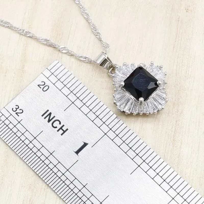 Schwarzes Zirkonia-Silber-Schmuckset für Damen, Armband, Halskette, Anhänger, Ohrringe, Ring, Geburtstag, Hochzeit, Schmuck