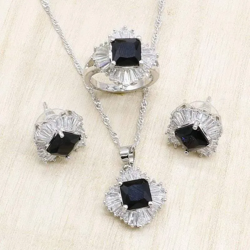 Schwarzes Zirkonia-Silber-Schmuckset für Damen, Armband, Halskette, Anhänger, Ohrringe, Ring, Geburtstag, Hochzeit, Schmuck