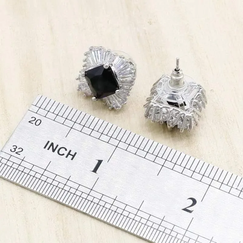 Schwarzes Zirkonia-Silber-Schmuckset für Damen, Armband, Halskette, Anhänger, Ohrringe, Ring, Geburtstag, Hochzeit, Schmuck