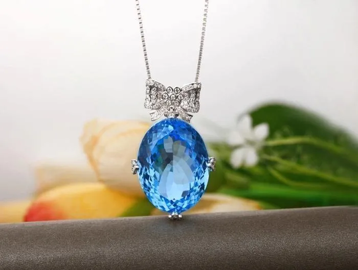 18 KT/750 Weißgold, 37.10 ct natürlicher IF-Blautopas und 0.42 ct Vollschliff-Diamant-Verlobungs-Edelstein-Anhänger-Schmuck