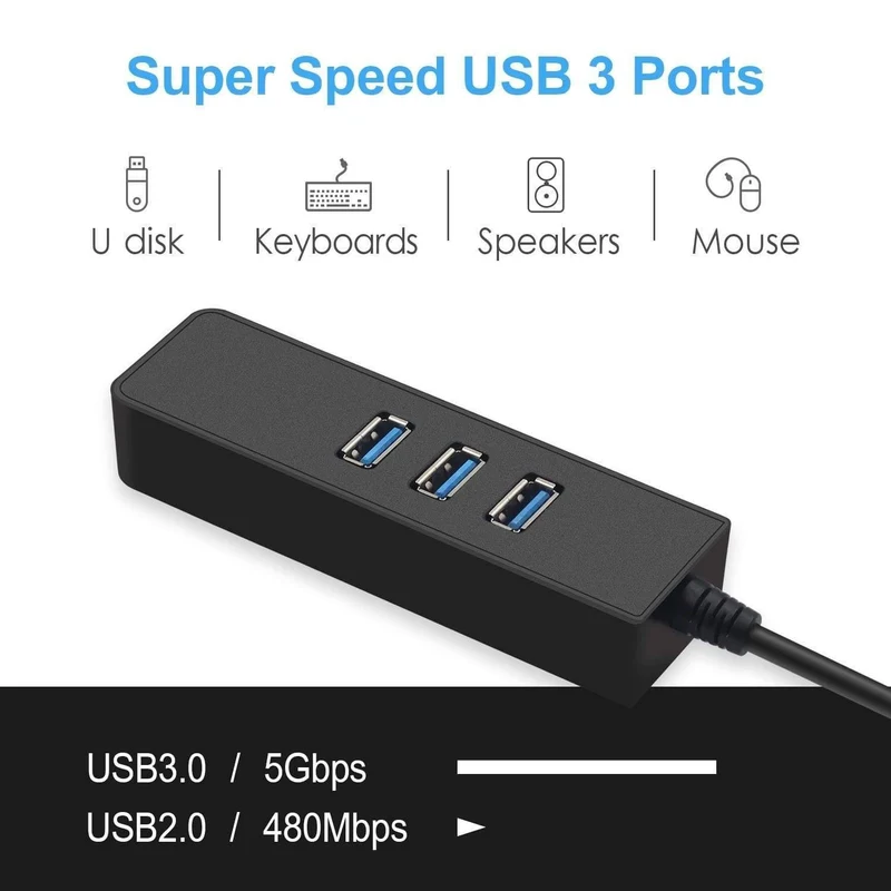USB 3.0-Ethernet-Adapter mit 3 Anschlüssen, USB 3.0-HUB, USB-RJ45-Gigabit-Ethernet-LAN-Netzwerkkarte mit 10/100/1000 Mbit/s