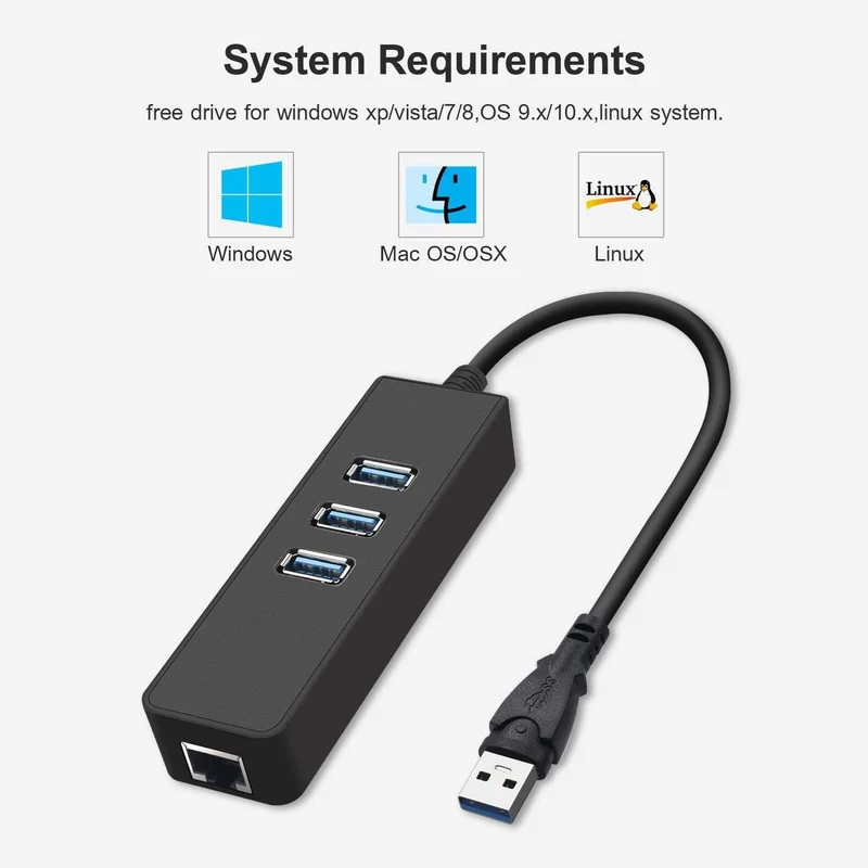 USB 3.0-Ethernet-Adapter mit 3 Anschlüssen, USB 3.0-HUB, USB-RJ45-Gigabit-Ethernet-LAN-Netzwerkkarte mit 10/100/1000 Mbit/s