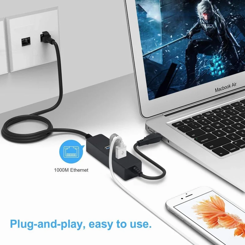 USB 3.0-Ethernet-Adapter mit 3 Anschlüssen, USB 3.0-HUB, USB-RJ45-Gigabit-Ethernet-LAN-Netzwerkkarte mit 10/100/1000 Mbit/s