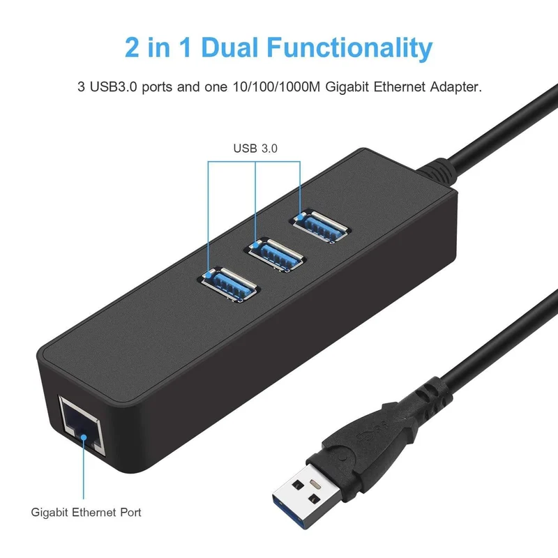 USB 3.0-Ethernet-Adapter mit 3 Anschlüssen, USB 3.0-HUB, USB-RJ45-Gigabit-Ethernet-LAN-Netzwerkkarte mit 10/100/1000 Mbit/s