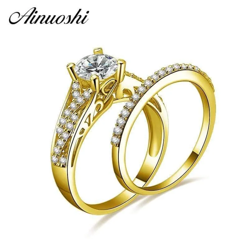 14K Gelbgold Ehering Set Verlobungshochzeitsschmuck 4 Zinken 1ct Rundschliff SONA Diamantringe für Frauen