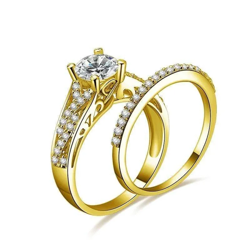 14K Gelbgold Ehering Set Verlobungshochzeitsschmuck 4 Zinken 1ct Rundschliff SONA Diamantringe für Frauen