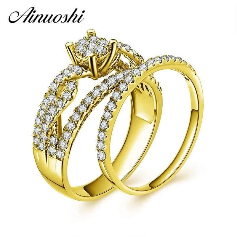 14K Festes Gelbgold-Brautring-Set 4-Zinken, geflochtenes Band, runder SONA-Diamantring, Verlobungs-Ehering-Schmuck