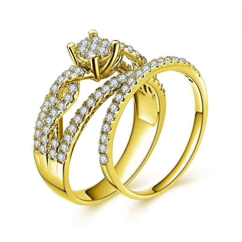 14K Festes Gelbgold-Brautring-Set 4-Zinken, geflochtenes Band, runder SONA-Diamantring, Verlobungs-Ehering-Schmuck