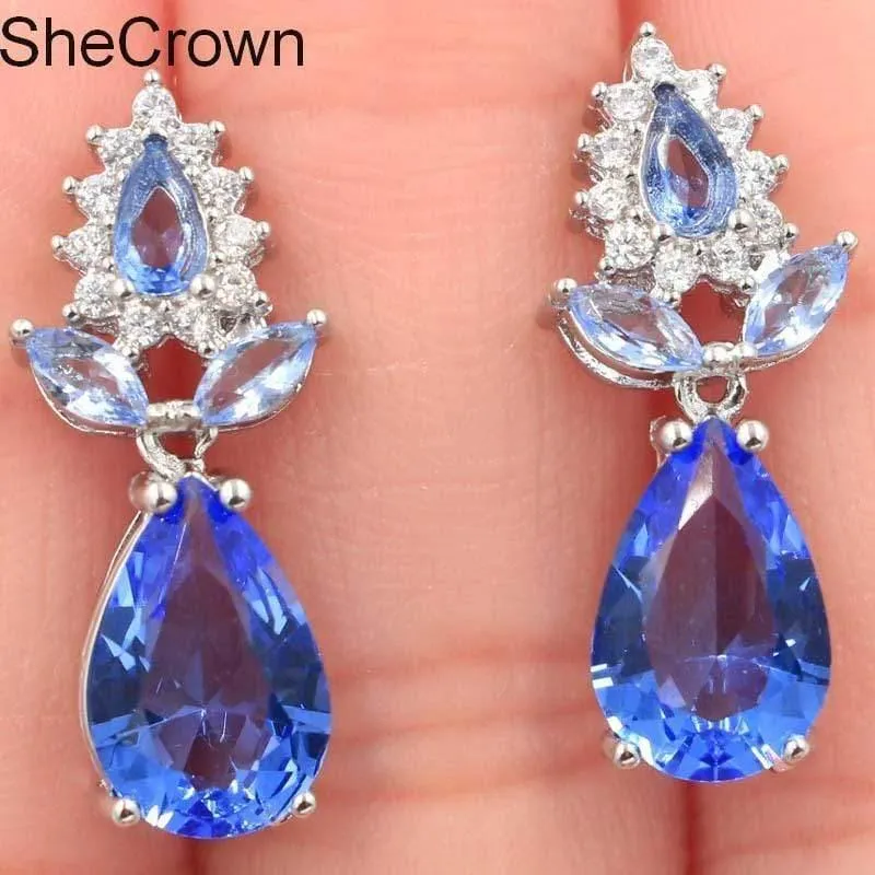 Phantasie Reiches Blau Violett Tansanit CZ Damen Geschenk Silber Ohrringe 18x8mm