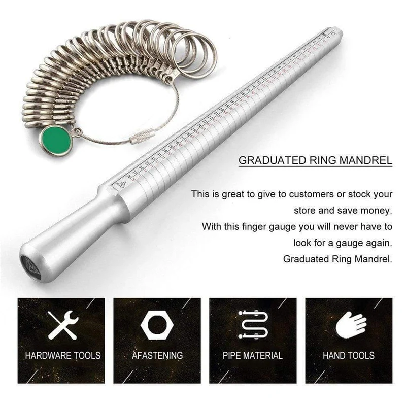 Metall-Ringmaß-Set, Messring mit Ringen, Dornmaß, Fingergrößen-Messstab, Ring-Schmuck-Werkzeug-Set A30