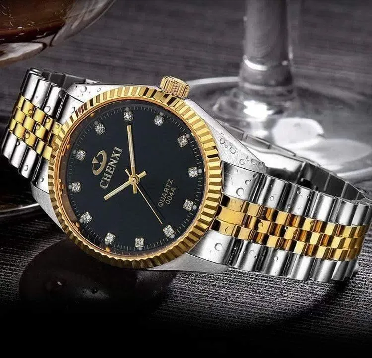 Herren-Armbanduhr, silberfarben, zwischen den Gold-Strasssteinen, Liebhaber-Armbanduhr, Nagelarmband, klassische Retro-Mann-Frauen-Business-Uhr