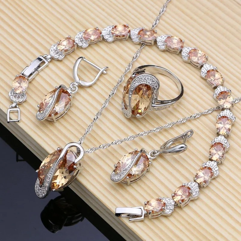 925 Brautschmuck Champagner Zirkon Schmucksets für Frauen Ohrringe/Anhänger/Ringe/Armband/Halskette Set