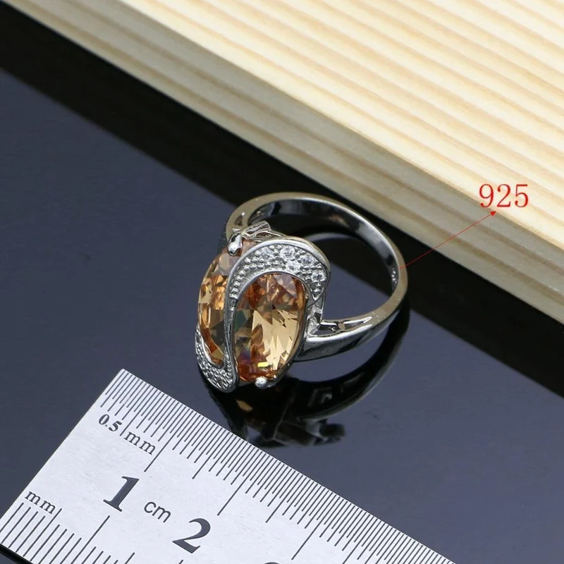925 Brautschmuck Champagner Zirkon Schmucksets für Frauen Ohrringe/Anhänger/Ringe/Armband/Halskette Set