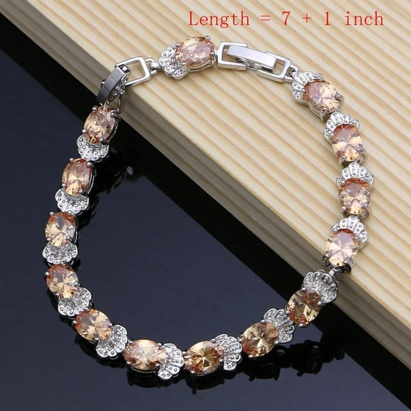 925 Brautschmuck Champagner Zirkon Schmucksets für Frauen Ohrringe/Anhänger/Ringe/Armband/Halskette Set