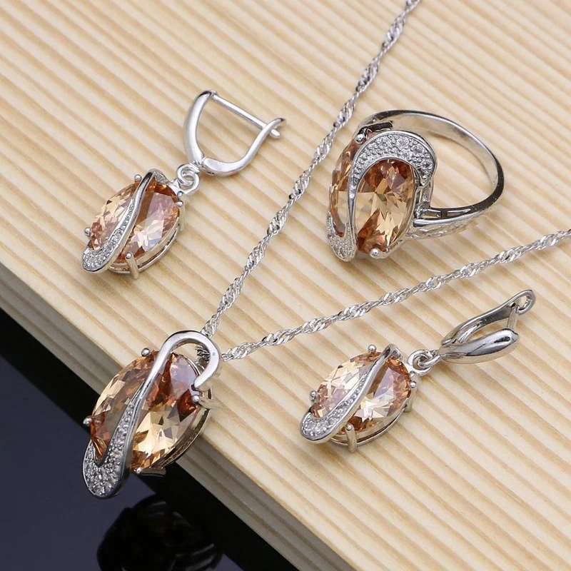 925 Brautschmuck Champagner Zirkon Schmucksets für Frauen Ohrringe/Anhänger/Ringe/Armband/Halskette Set