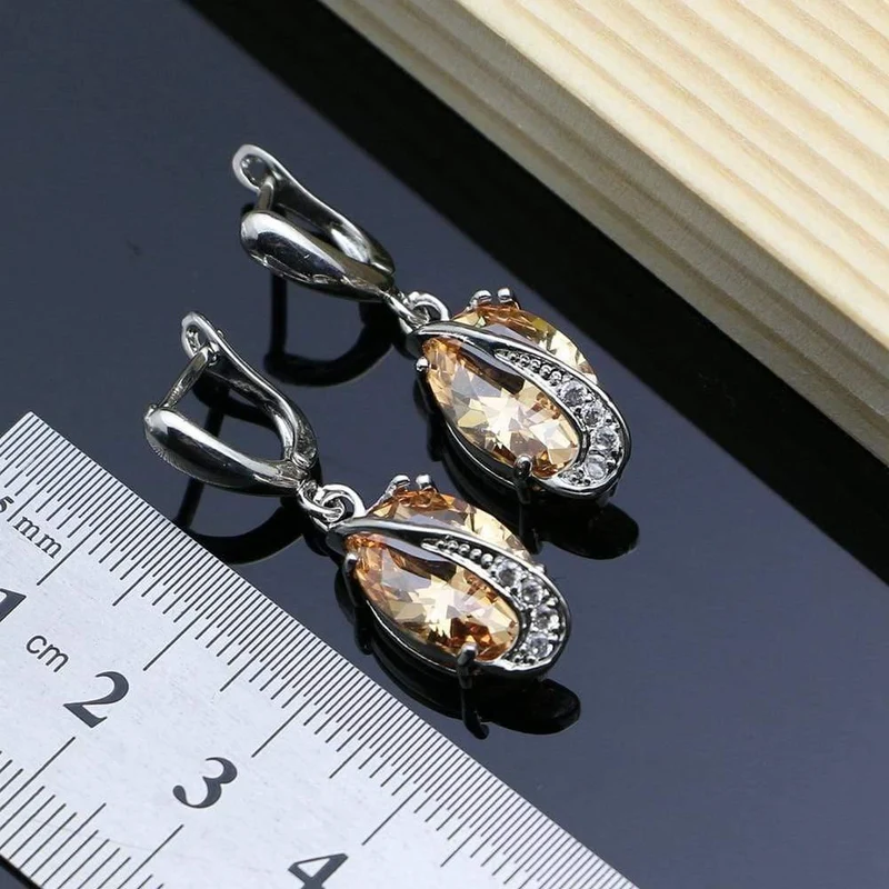 925 Brautschmuck Champagner Zirkon Schmucksets für Frauen Ohrringe/Anhänger/Ringe/Armband/Halskette Set