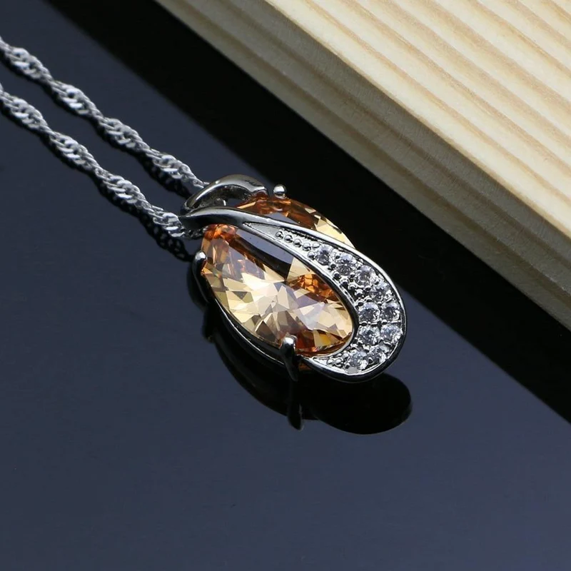 925 Brautschmuck Champagner Zirkon Schmucksets für Frauen Ohrringe/Anhänger/Ringe/Armband/Halskette Set