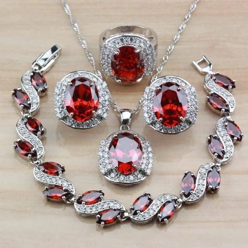 925 Sterling Silber mit natürlichem Granat, rot, Braut-/Hochzeitsschmuck-Set für Damen, Creolen/Halskette/Armband/Ring