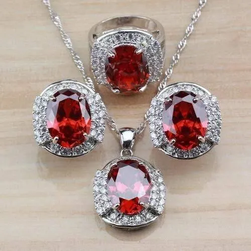925 Sterling Silber mit natürlichem Granat, rot, Braut-/Hochzeitsschmuck-Set für Damen, Creolen/Halskette/Armband/Ring