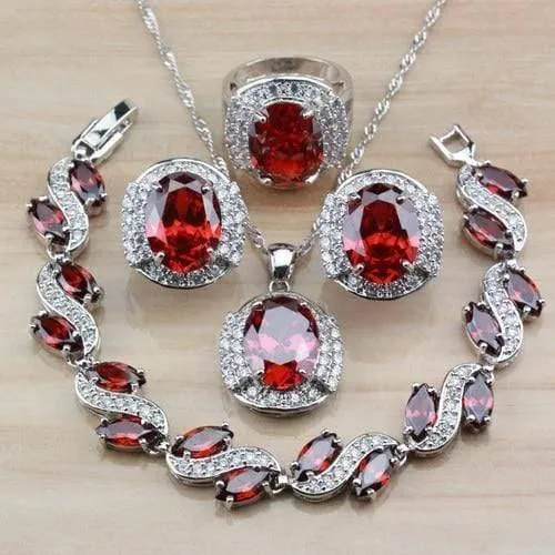 925 Sterling Silber mit natürlichem Granat, rot, Braut-/Hochzeitsschmuck-Set für Damen, Creolen/Halskette/Armband/Ring