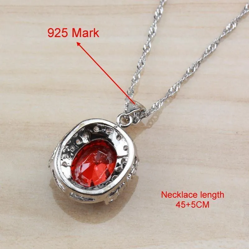 925 Sterling Silber mit natürlichem Granat, rot, Braut-/Hochzeitsschmuck-Set für Damen, Creolen/Halskette/Armband/Ring