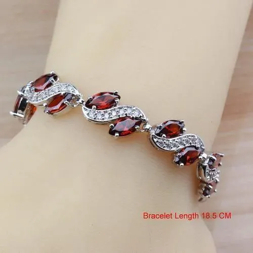 925 Sterling Silber mit natürlichem Granat, rot, Braut-/Hochzeitsschmuck-Set für Damen, Creolen/Halskette/Armband/Ring