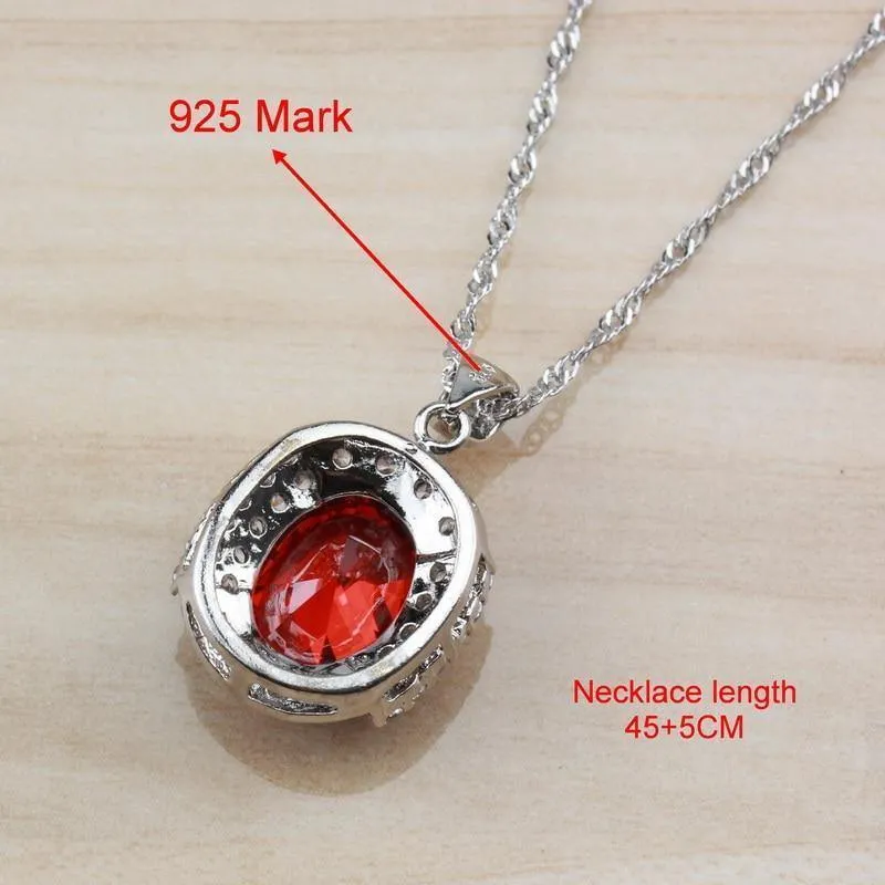 925 Sterling Silber mit natürlichem Granat, rot, Braut-/Hochzeitsschmuck-Set für Damen, Creolen/Halskette/Armband/Ring