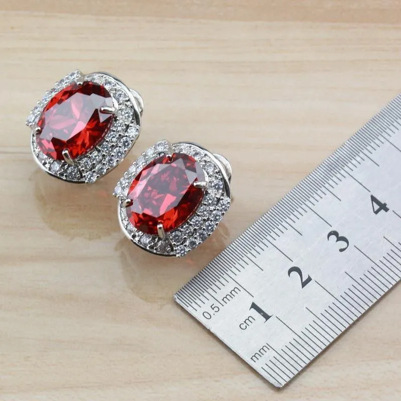 925 Sterling Silber mit natürlichem Granat, rot, Braut-/Hochzeitsschmuck-Set für Damen, Creolen/Halskette/Armband/Ring