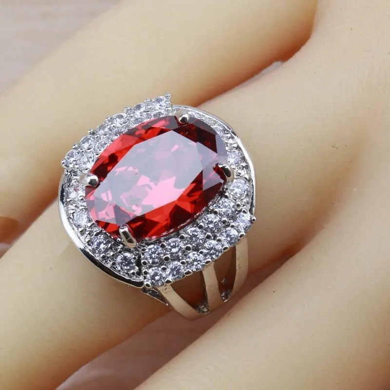 925 Sterling Silber mit natürlichem Granat, rot, Braut-/Hochzeitsschmuck-Set für Damen, Creolen/Halskette/Armband/Ring