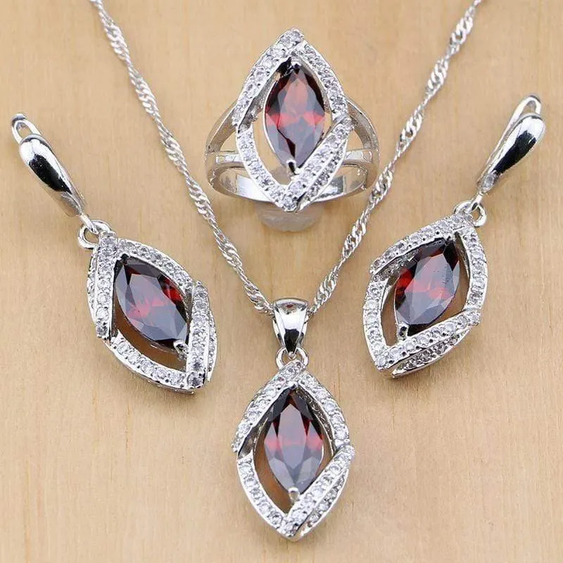 925 Schmuck-Set mit roten Zirkonia und weißen CZ-Schmucksets für Frauen, Hochzeit, Ohrringe/Anhänger/Halskette/Ringe